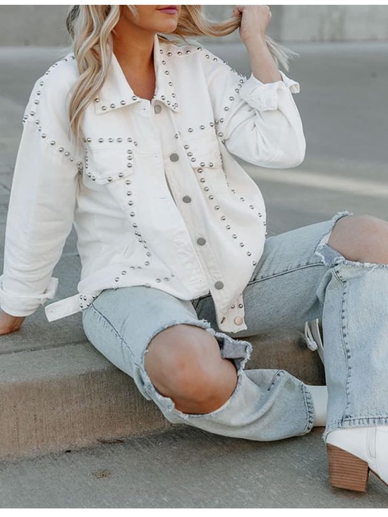Jackets & Blazers - White Studded Denim Jacket - Women's Coat women button front jacket